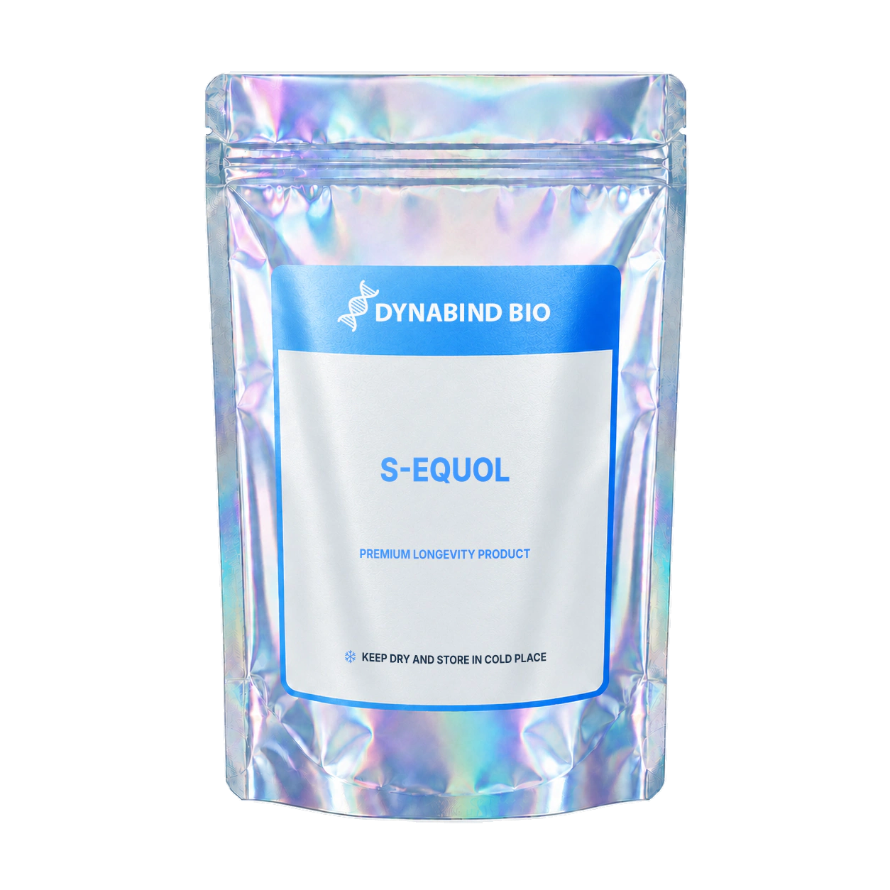 S-Equol supplement pouch for DHT regulation, thinning-hair and skin support, and cell-telomere research by DynaBind Bio